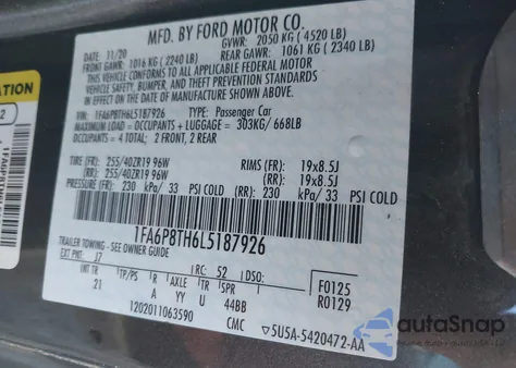 2020 Ford Mustang Ecoboost Fastback z USA, uszkodzony, nr VIN 1FA6P8TH6L5187926